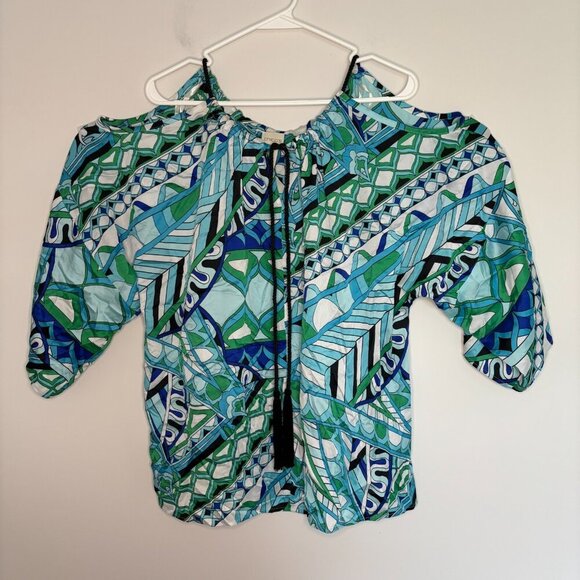 CHICO'S Cold Shoulder Blouse Womens 3 Satin Blue Green Tassels - Picture 2 of 5